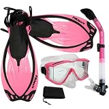 PROMATE Snorkeling Scuba Dive Panoramic PURGE Mask Dry Snorkel Fins Gear Set - Pink - S M