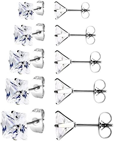 5 Pairs Stainless Steel Stud Earrings Square White Cubic Zirconia Hypoallergenic, 3mm 4mm 5mm 6mm 7mm