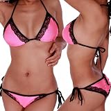LOCOMO Sexy Lingerie Black Lace Edge String Swimwear Halter Scrunch Butt Bikini Set BN83 PK One Size Pink