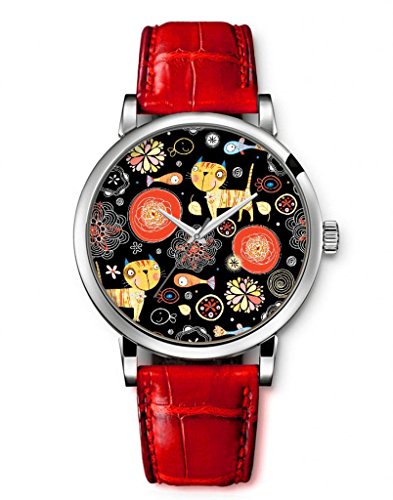 Montre Femme Quartz Bracelet Cuir Rouge - Chat Fleur Et Poisson Mignon - Montre Fille