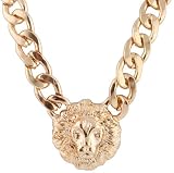 Gold Metal Lion Head Pendant with a 20 Inch Adjustable Thick Miami Cuban Chain Necklace