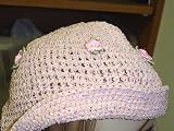 Ht64, Hand Crocheted Baby Pink Gimp Children and Teens Floppy Hat with Pink Satin Rosebuds Around