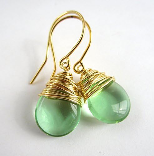 Light Green Earrings Wire Wrapped Drop Earrings Gold Tone Wire