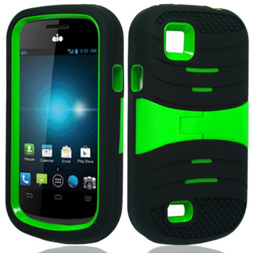 ZTE Prelude Z993 / Avail 2 Z992 (AIO Wireless/AT&T) 2 Piece Silicon Soft Skin Hard Plastic Kickstand Case Cover, Green/Black + LCD Clear Screen Saver Protector