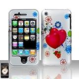 RED DOUBLE HEART WITH GREEN BLUE FLOWER RUBBERIZED SNAP ON HARD SKIN FACEPLATE PHONE SHIELD COVER CASE FOR APPLE IPHONE 3G 3GS