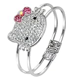 Silver Tone Plated Bangle Cuff Bracelet with Large Crystal Kitty Face Pink Bow Tie