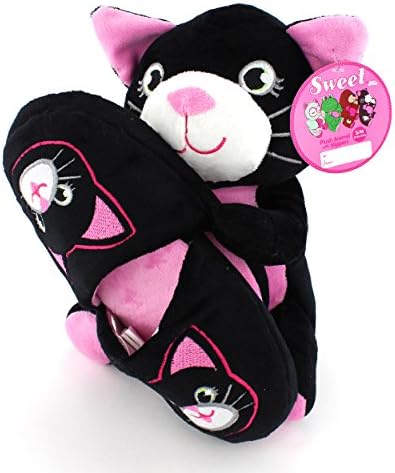 Girls Black Plush Kitty Cat with Slippers Gift Set (L/XL (13/1-2/3 M US Little Kid))