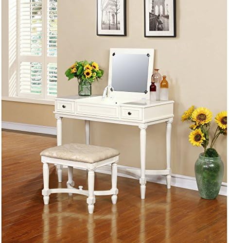 CNI Vanity Set, white finish, a traditional design and style, The vanity features an elegant trim work detailed, Two drawers and a lift top provide ample interior storage space, Padded stool.