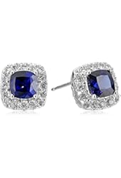 Sterling Silver, Gemstone, and Created White Sapphire Cushion Stud Earrings