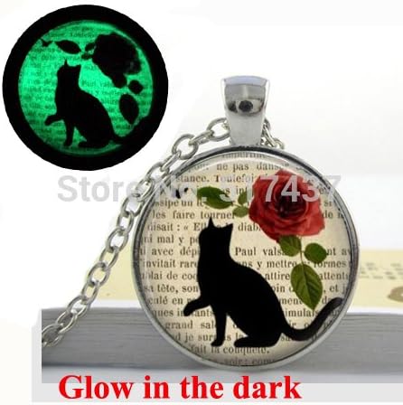 Pretty Lee Glow In The Dark Necklace Black Cat Necklace Pendant Cat With Red Flower Art Glass Cabochon Necklace Pendant Glowing Jewelry