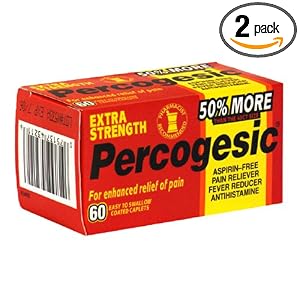Percogesic Aspirin-Free Pain Reliever/Fever Reducer, Extra Strength, Easy to Swallow Coated Caplets, 60 coated caplets (Pack of 2)