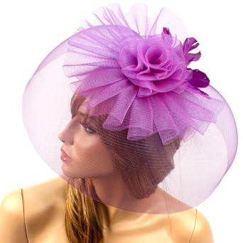 Feathers Rose Ruffle Veil Big Hat Fascinator Comb Head Piece Cocktail Purple