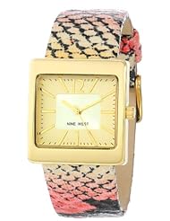 Nine West Womens NW/1366NTPK Square Gold-Tone Pink Snakeskin Pattern Strap Watch