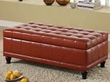 Storage Bench Ottoman with Tufted Accents in Red Leather Like