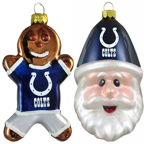 NFL Indianapolis Colts Blown Glass Gingerbread Man & Santa Cap Ornament 2-Pack
