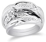10K White Gold Diamond Cross Over Mens and Ladies Couple His & Hers Trio 3 Three Ring Bridal Matching Engagement Wedding Ring Band Set - Solitaire Setting w/ Round Diamonds - (1/8 cttw) - SEE 
