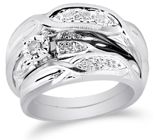 10K White Gold Diamond Cross Over Mens and Ladies Couple His & Hers Trio 3 Three Ring Bridal Matching Engagement Wedding Ring Band Set - Solitaire Setting w/ Round Diamonds - (1/8 cttw) - SEE 