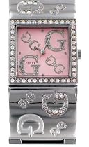 GUESS Women's Swarovksi Crystals Silvertone Etched-Bangle Watch