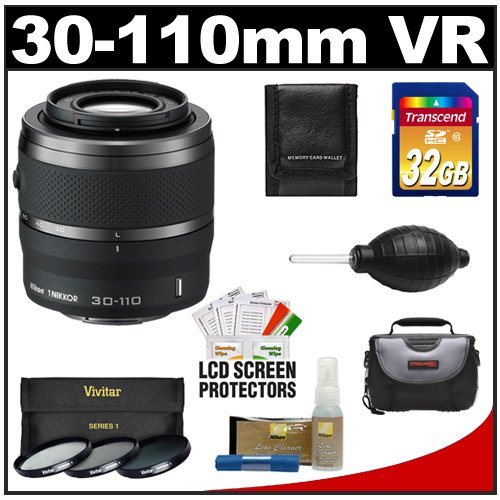 Nikon 1 30-110mm f/3.8-5.6 VR Nikkor Lens (Black) with 32GB Card + Case + 3 UV/CPL/ND8 Filters + Cleaning & Accessory Kit for Nikon 1 V1, J1 Interchangeable Lens Digital Camera