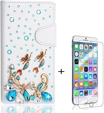 Google Nexus 5 E980 Case - 3D Handmade Bling Crystal LOVE Mermaid Pendant Sparkle Glitter Rhinestone Diamond Flowers PU Leather Wallet Type with Magnetic Clasp Credit Card Holder Design Folio Case Cover for Google Nexus 5 E980 Screen Protector
