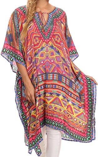 Sakkas Jenni Ethnic Tribal Printed Opaque Caftan Dress With Adjustable Neck