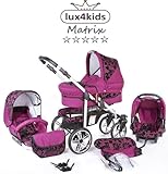 Kombi Kinderwagen Matrix 2 - 3 in 1 VIP Mega Set über 10 Teile Systemkinderwagen Autositz Buggy Wickeltasche 054 Lila Geflockte Blumen