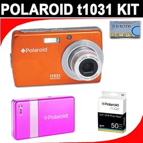 Polaroid t1031 10.0 MP Digital Camera - 3 x optical zoom (Orange) + PoGo Printer (Pink) + 50 ZINK Sheets
