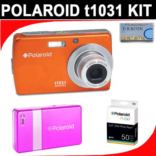 Polaroid t1031 10.0 MP Digital Camera - 3 x optical zoom (Orange) + PoGo Printer (Pink) + 50 ZINK Sheets