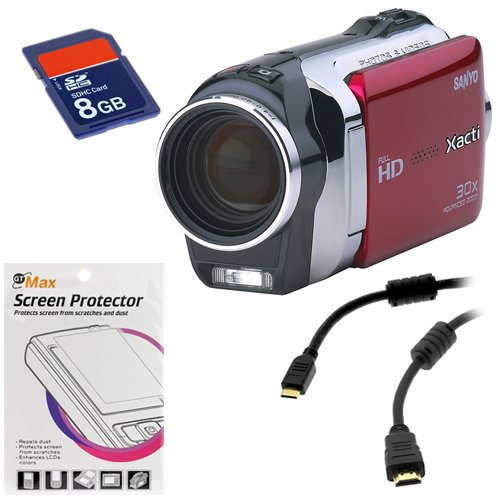 Sanyo VPC-SH1R Camcorder - Red 1080p Full HD Video & 10MP Digital w/30x Zoom 4 Items Bundle Kit: Red Camcorder + 6 Ft Gold Plated Mini HDMI Cable + 8GB SDHC Memory Card + LCD Screen Protector