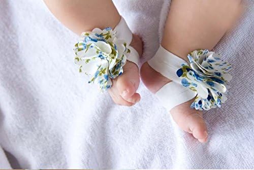 Baby Flower Beach Sandals, Baby barefoot Sandals,Kid Barefoot Sandals,Baby Baptism Accessory,Summer Sandals, Flower Sandals (White With Blue)