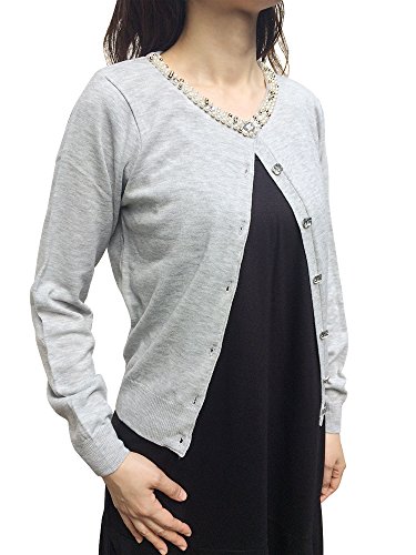 (Les Hiboux) 上品 ショート カーディガン パール ビジュー ニット クルーネック レディース