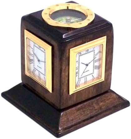 Three Time Zone Revolving Desk Clock with Compass and Engraving Plates