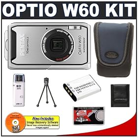 Pentax Optio W60 Waterproof Digital Camera (Silver) + Spare D LI78 Battery + Precision Design Accessory Kit Pentax Optio W60 Waterproof Digital Camera (Silver) + Spare D-LI78 Battery + Precision Design Accessory Kit