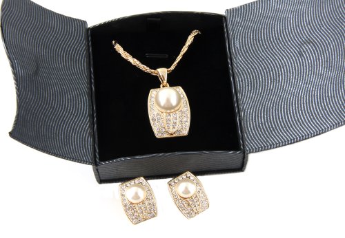 18K gold plated over brass earrings-necklace set with rhinestones and faux pearl ( and a box )