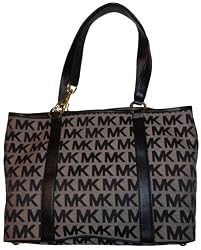 Michael Kors Purse Handbag Signature Logo Jacquard East/West Summer Tote Beige/Black/Black