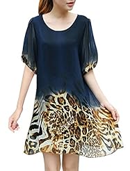 Round Neck Leopard Print Chiffon Gathered Short Sleeves Short Summer  Dress