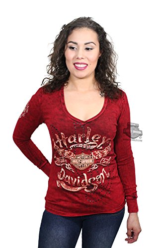 Harley-Davidson Womens Wind Therapy Winged B&S V-Neck Red Long Sleeve T-Shirt - LG