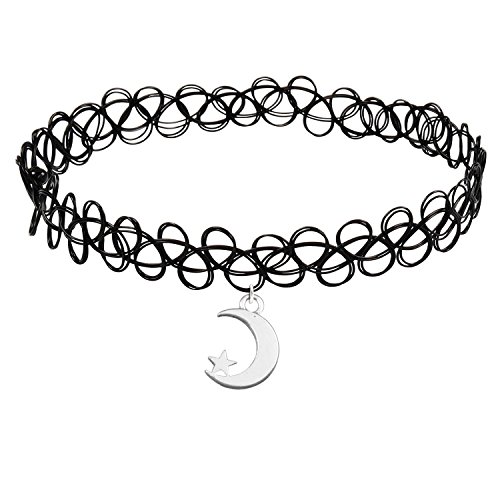 Cozylife Girls Black Stretch Gothic Tattoo Henna Hippy Choker Necklace with Moon Star Pendant