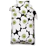 Marimekko Cotton Sateen Black Green White Unikko Duvet Cover - Full Queen by Marimekko