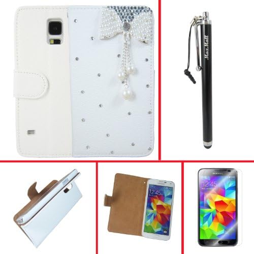 MaxMall Bling Diamond Wallet PU Flip Leather Holder Design Stand Girls Hard Case for Samsung Galaxy S5 I9600- White Bow