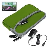 Skque Green Glove Series Carrying Case + Clear Screen Protector + Home Wall Charger for Garmin Nuvi 1450 1450LMT