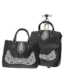Black EMBROIDERED Faux Leather Rolling Laptop Bag Briefcase (FITS UP TO 16