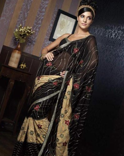 Designer Black Faux Georgette Indian Ethnic Wrap Dress Saree Sari with Unstitched Blouse