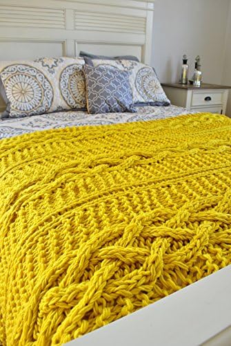 Chunky Cabled Throw Blanket Natural Yellow Wool - READY TO SHIP