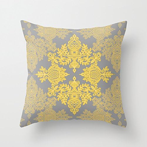 Golden Folk Doodle in Yellow Grey Pillow Cover Case 22 by 22 Inch