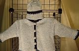 Ck22, Knitted on Hand Knitting Machine Blue Chenille Trimmed By Hand Crochet with Navy Chenille Boys Cardigan Pant Hat Set and Trimmed with Baseball Buttons
