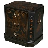 Handmade Oriental Furniture - 24" Antique Style Black Leather 3-Drawer End Table - Oriental Poem