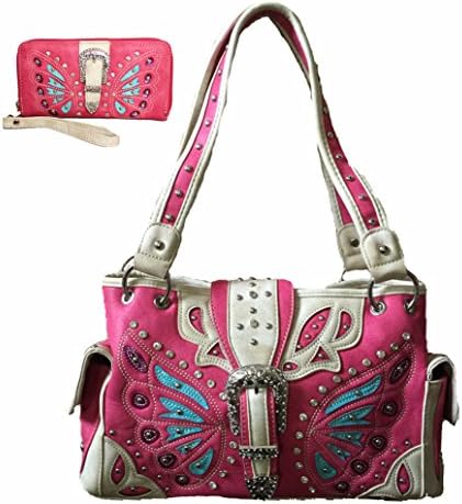 Rhinestone Butterfly Buckle Concealed Carry Women's Handbag and Matching Wallet with Texas West Coin Collection (hot pink)