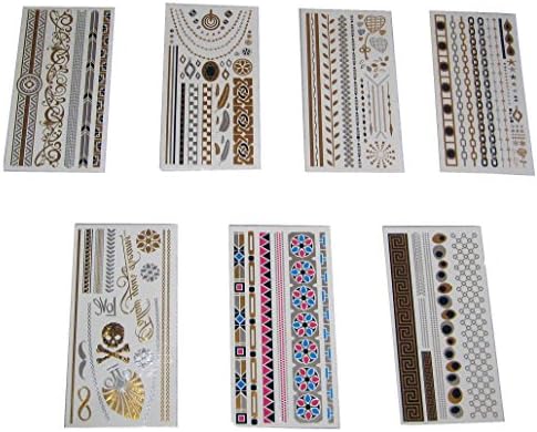 Flash Metallic Tattoos Temporary Tattoos Designs Gold Silver Jewelry Inspired Stickers 7 Sheets - (7 Pack)