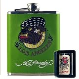 Licensed Don Ed Hardy Bulldog on Green Leather Flask